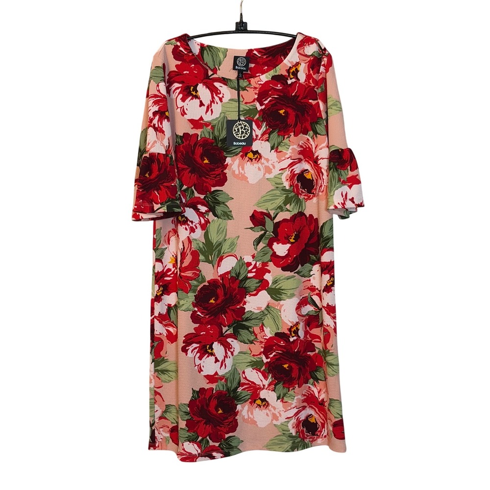Bobeau Floral Bell Sleeve Shift Dress‎ Pink Red Textured Knit New size L